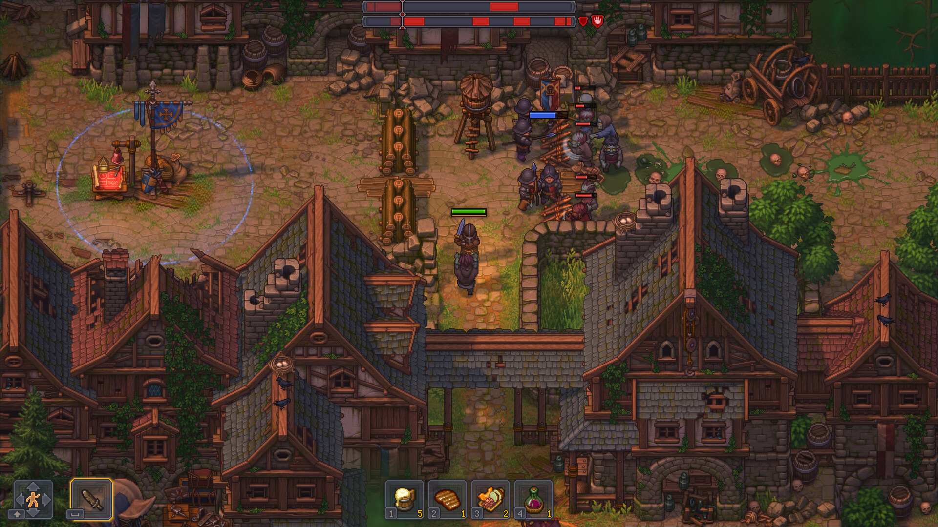 A battle in the Town, with barricades and zombie troops in Graveyard Keeper 2.